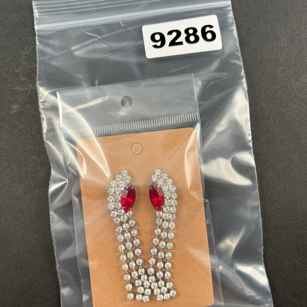 Vintage Rhinestone Earrings Red Silver Tone Fringe Chandelier Formal 2.75" - Picture 10 of 10